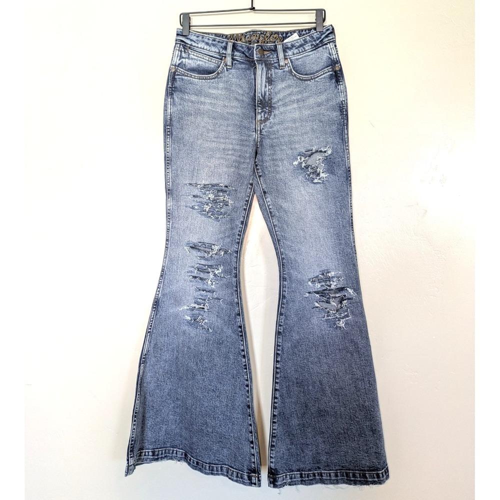 Wrangler Women's 29 High Rise Flare Distressed Stretch Jeans Medium Wash Denim